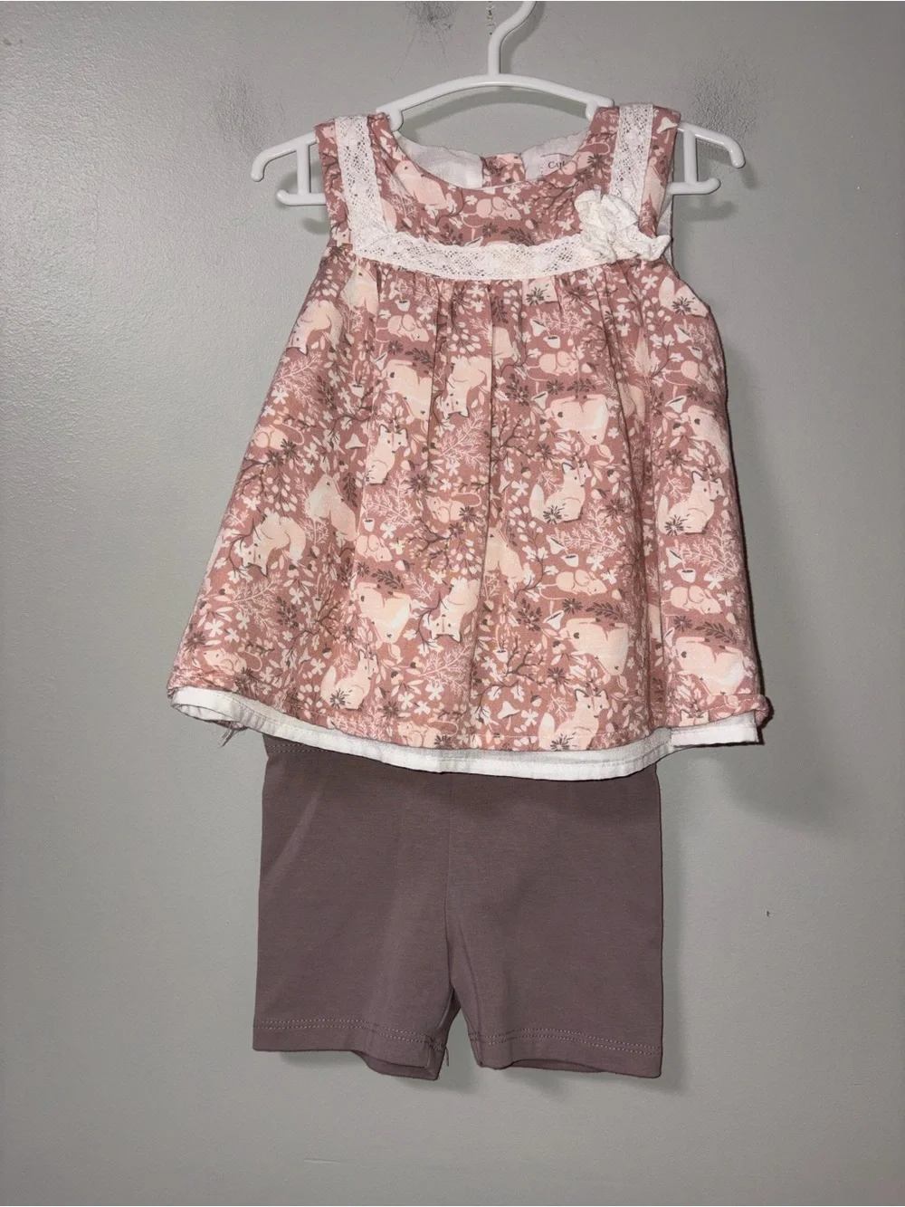 Catherine Malandrino Coral & Taupe Forest Animals Tank Short Set Lace Detail 12M